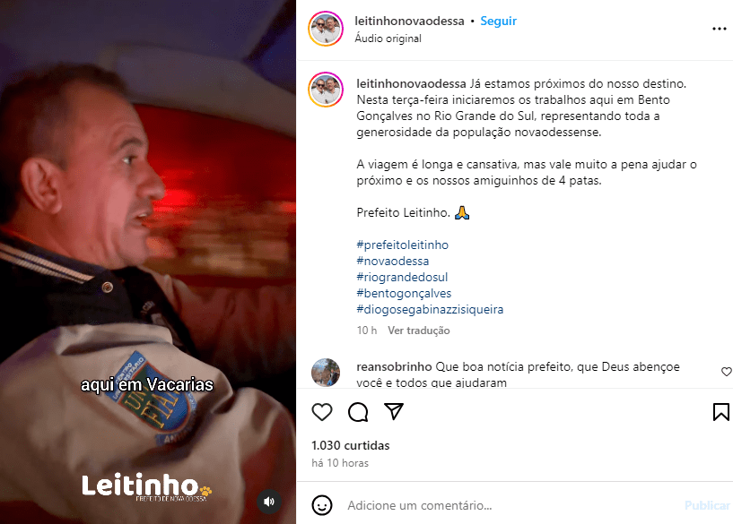 Leitinho Prefeito de Nova Odessa vai para RS com 25 Toneladas de alimento e prestará socorro aos animais